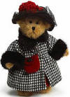 Boyds Bailey Golden Teddy Bear in Houndstooth Coat Black Faux Fur - (introduced Fall 2003 and has been retired) Oh, the big city! Bailey's hopin' she gets discovered as she's strollin' down the sidewalk! She could pass for a city slicker in her velvet hat with net veiling and carnation flower accent, houndstooth coat with black fur trim and snowflake buttons, red wool dress, black velvet pantaloons, and red wool purse with black satin rosette.  (safe for ages over 3)  8 inches and poseable
