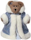Boyds Bailey Golden Teddy Bear in Ice Blue Ensemble - (introduced Fall 2002 and has been retired) Bailey looks like a snow princess, but doesn't mind mussing her ensemble for a snowball battle or two! This golden bear's ice-blue ensemble includes satin panties, a quilted velvet dress, and a hooded velvet cape complete with faux-fur trim and snowflake buttons.  (safe for ages over 3)  8 inches and poseable