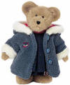 Boyds Karina Burrbruin Teddy Bear - (introduced Fall 2002 and has been retired)&nbsp;Karina skips the Winter sports and prefers to snuggle indoors. Gold bear Karina wears a plush-fur-trimmed fleecy coat with red-lined hood, mitten label, and mitten-shaped buttons; a berry red turtleneck; a corduroy blouse; and corduroy pants with a mitten label. (safe for ages over 3) 16 inches and poseable