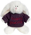 Boyds Merci Bunny  introduced Spring 2002 and has been retired  Repay a favor with Merci, a mini white bunny that wears a purple embroidered sweatshirt and features velvet paw pads and ear lining  T-shirt Reads Thanks Bunches  3 1/2 inches high
