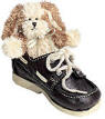 Boyds Skippy Puppy Dog in Child's Boat Shoe - (introduced Fall 2002 and has been retired) A wonderful addition to a baby's room. This Bearfoot Friend piece is inspired by a circa-1950s girl's shoe and holds a soft and fluffy ivory mini Boyds Bear. 3 1/2 inches