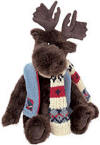 Boyds Gustaf Mooseltoff Winter Moose - (introduced Fall 2002 and has been retired)  &nbsp;This espresso-colored moose features a lean, lanky body (needs to pump a lil' iron!) and suede antlers and suede-lined ears, paw pads, and tail. He wears a knit scarf and fleecy zip vest with the mitten label. &nbsp;(safe for ages over 3)  12 inches and poseable