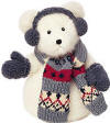Boyds Franz Farklefrost Snowman Teddy Bear - (introduced Fall 2002 and has been retired)  &nbsp;Franz is Boyds' brand new snow ball bear! He features a coat of snow-white sparkle plush, fleecy ear muffs and mittens, a sweater-knit scarf, and a bean-filled snowball base.  (safe for ages over 3)  10 inches poseable
