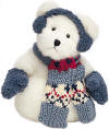 Boyds Fritzel Farklefrost Snowman Teddy Bear - (introduced Fall 2002 and has been retired)  &nbsp;Fritzel is Boyds' brand new snow ball bear! He features a coat of snow-white sparkle plush, fleecy ear muffs and mittens, a sweater-knit scarf, and a bean-filled snowball base.  (safe for ages over 3)  8 inches and poseable