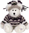Boyds Erin Plumbeary Teddy Bear - (introduced Fall 2001 and has been retired) Erin, a cream-colored bear, plans to trip the lights fantastic in his hand-knit, plum-patterned ski cap and matchin' sweater. Look for the special snowflake embroidery on his foot pad!  6 inches and poseable