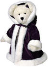 Boyds Victoria L. Plumbeary - (introduced Fall 2001 and has been retired)  Victoria, hostess of the Sugar Plum Ball, looks a vision in her wool plaid dress and plum velvet cloak with hood, faux-fur trim, and snowflake buttons. Look on her foot pad to see the special snowflake embroidery! Victoria has soft snowy white fur and is completely poseable.  16 inches and poseable