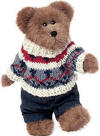 Boyds  Edmund Teddy Bear with red white and blue sweater - (introduced Fall 2002 and has been retired)  Edmund's an expert at building igloos and spends hours plopped in the snow, swooshin' his arms and legs in the shape of angels! This cinnamon bear is dressed in a colorful knit sweater (a present from his Grandma!) and cuffed pants.  8 inches and poseable
