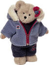 Boyds Lexi Burrbruin Teddy Bear - (introduced Fall 2002 and has been retired)  &nbsp;This light beige teddy features a red bow with mitten button; a berry red turtleneck; a fleecy hooded jacket with plush fur trim, a zipper, and a mitten label; and fleecy overalls with mitten buttons and a mitten label. (safe for ages over 3)  12 inches and poseable