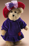 Boyds Red Hat Society Ima Lotsafun Plush Jointed Teddy Bear - (introduced Spring 2005)  A gold, fully jointed bear who's dressed to show her true colors...complete with a red hat featuring a purple rosette that any Red Hatter would be proud to wear! Her outfit is complimented by a lavish purple dress and red pants. Officially licensed by the Red Hat Society!  10 inches