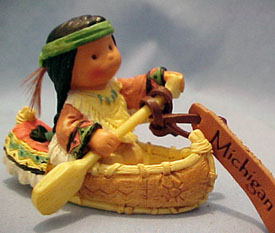 Friends of a Feather Michigan Canoe with Indian Boy Figurine Friends of a Feather Michigan Canoe with Indian Boy Figurine
- made of cold cast resin
