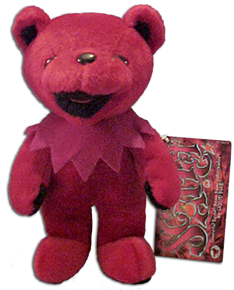 Grateful Dead Scarlet Bean Bear Grateful Dead Scarlet Bean Bear
- quantity produced 46,368
- Retired 10/5/00
- Born 3/22/90 at Copps Coliseum
- Tour Memory: "We came down
from Canada for the first Highgate
Vermont show. There was so much
room we were able to kick a sack
and throw a Frisbee around right
in the show. We didn't stop for the
entire show. We camped, rode
around on mountain bikes and met
a ton of groovy people. I had never
seen an outdoor show before and
the scene was way better than the
indoor shows I have seen. I love
summer shows!"