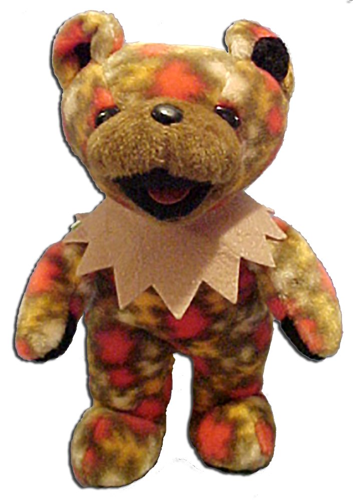 Grateful Dead Fall Tour Bean Bear Grateful Dead Fall Tour Bean Bear
- quantity produced 53,088
- Retired 10/5/00
- Born 10/15/73
- Tour Memory: "We were on our
way to a show when we picked up
two people with guitars whose car
had just broken down. We thought
they were going to the show too. It
turns out they were going to a
children's hospital to sing to sick
kids. We brought them all the way
to the hospital and sang with them.
We never made it to the show, but
what we did was even better. It was
magical."