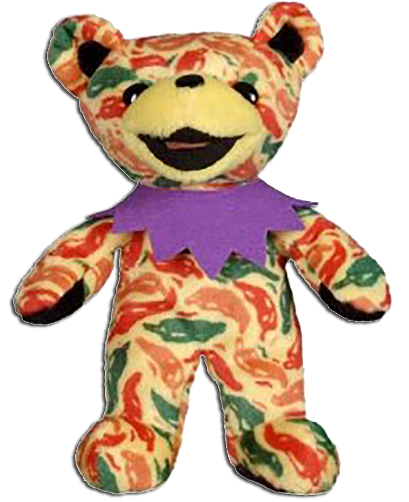 Grateful Dead Mexicali Bean Bear Grateful Dead Mexicali Bean Bear
- quantity produced 27,264
- Retired 5/10/01
- Born 10/19/1971
- Tour Memory: "Camping was one
of my favorite things to do on tour.
Once, we traded tapes with some
other heads in a rest stop and they
invited us to the farm that they
were camping at for the show.
People played instruments around
a bonfire all night long. I've
camped in national parks and even
people's back yards, skinny dipped
in ponds and cooked over wood
fires. For me camping was the only
way to do tour."