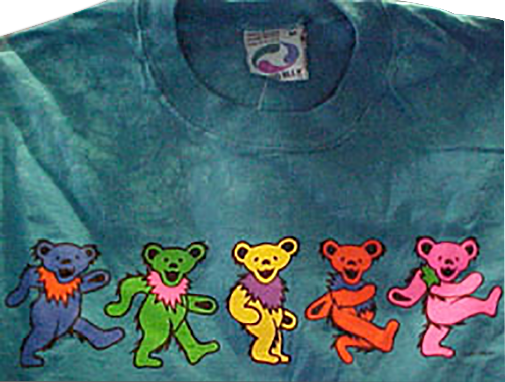 Grateful Dead T-shirts in white and tye dye blue with the dancing bears happy to please.