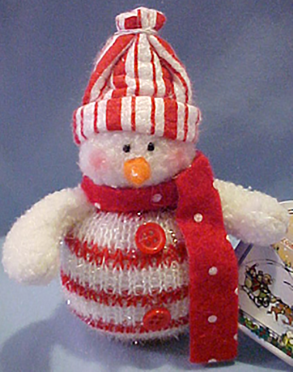 Candy Cane Snowman with Polka Dotted Scarf Christmas Ornament Candy Cane Snowman with Polka Dotted Scarf Christmas Ornament
- It has a gift card which has "To:" and "From:".
- The card also reads: "Gentle as snowflakes, Holiday Memories, Drift into the heart and lead us home."