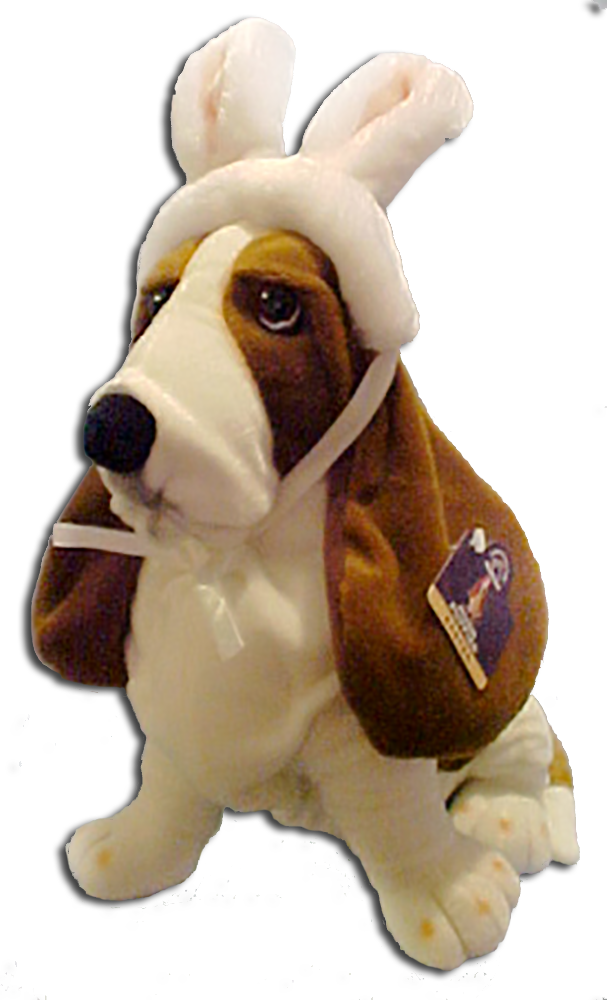 Adorable Basset Hounds dressed in Bunny Ears and carrying Easter Eggs!