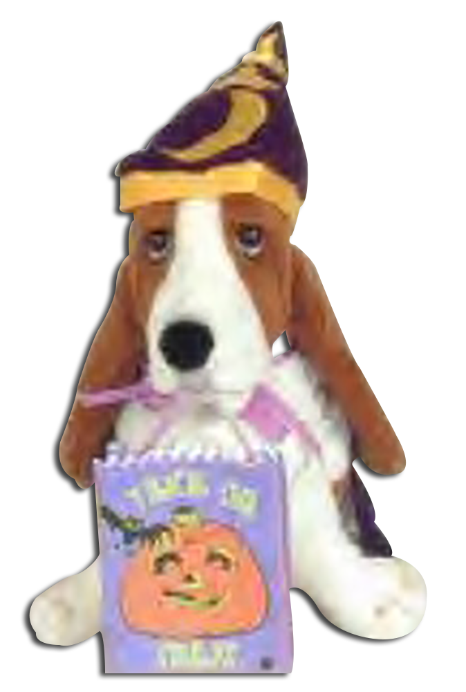 The adorable Hush Puppy Basset Hound is ready celebrate Halloween as these wizards, witches and pumpkins. Halloween stuffed animals as the Hush Puppy shoe company tradition.