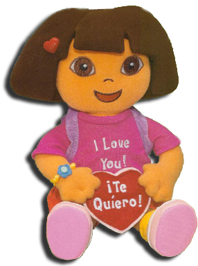 Dora the Explorer is all dressed up for Valentines Day. She carries a Heart with Te Quiero! for I Love you