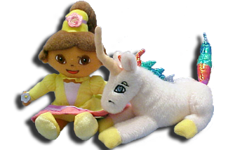The adorable Dora the Explorer is dressed up as a fairytale Princess is bringing with her plush stuffed animals and toys just for someone special.