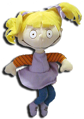 Rugrats Chuckie, Angelica, and Spike gathered here as soft stuffed animal dolls.