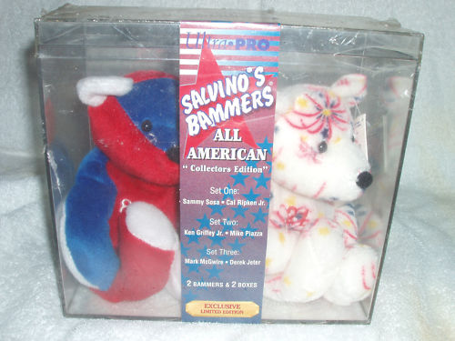There were 3 sets in the All American Series. In each set one of the players is a red, white and blue teddy bear and the other teddy bear is white with red and blue firework bursts covering the entire bear. Each bear in the set of two is in its own acrylic collectors box.