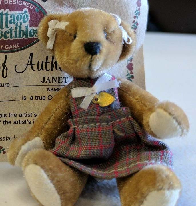 Ganz Cottage Collectibles Miniatures Janet the Tan Teddy Bear in Burgundy Plaid Dress Ganz Cottage Collectibles Miniatures Janet the Tan Teddy Bear in Burgundy Plaid Dress
- introduced in 1998 and has been retired
- designed by Lynda Kunz
- fully jointed plush Teddy Bear