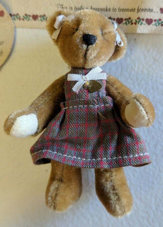 Ganz Cottage Collectibles Miniatures Janet the Tan Teddy Bear in Burgundy Plaid Dress Ganz Cottage Collectibles Miniatures Janet the Tan Teddy Bear in Burgundy Plaid Dress