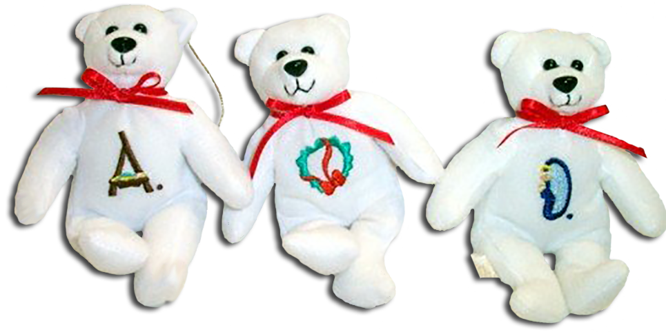 Adorable white teddy bears with the embroidered symbols of Christmas across their chests. These Holy Bear Christmas Teddy Bears will be adorable hanging on a Christmas tree ornaments.