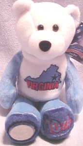 Virginia State Quarter Teddy Bear Virginia State Quarter Teddy Bear
- Coin Facts on Tag: "The Virginia quarter honors our nation's oldest colony, Jamestown, VA. The design features the three ships that brought the first English settlers to Jamestown. On May 12, 1607, the ships Susan Constant, Godspeed, and Discovery landed on a small island along the James River. It was here the original settlers established the first permanent English settlement called Jamestown, in honor of King James 1."
- Other information on Tag: State Flower: Dogwood Blossom; State Bird: Cardinal; Nickname: Old Dominion; Capital: Richmond; Statehood: June 25, 1788