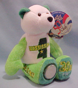 Mississippi State Quarter Teddy Bear Mississippi State Quarter Teddy Bear
- Coin Facts on Tag: "The Mississippi quarter, the fifth and last quarter of 2002 and 20th in the series, showcases the beauty and elegance of the state flower, combining the blossoms and leaves of two magnolias with the inscription 'The Magnolia State'. The U.S. Mint provided Governor Musgrove with three candidate designs from which he chose 'The Magnolia State' on July 3, 2001"
- Other information on Tag: State Flower: Magnolia; State Bird: Mockingbird; Nickname: Magnolia; State Capital: Jackson; Statehood: December 10, 1817