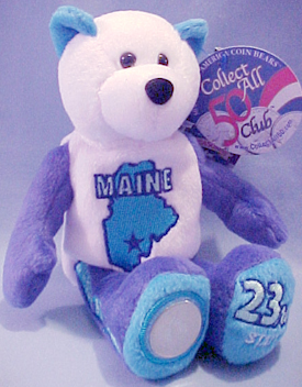 Maine State Quarter Teddy Bear Maine State Quarter Teddy Bear
- Coin Facts on Tag: "The Maine quarter is the 23rd in the 50 State Quarters Program. Maine became the 23rd state to be admitted into the Union, as part of the Missouri Compromise on March 25, 1820. The design features the Pemaquid Point Light atop a granite coast and of a schooner at sea. The winning design was chosen by popular vote, with over 100,000 Maine residents participating."
- Other information on Tag: State Flower: White Pine Cone and Tassel; State Bird: Chickadee; Nickname: Pine Tree State; Capital: Augusta; Statehood: March 15, 1820