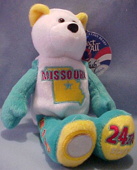 Missouri State Quarter Teddy Bear Missouri State Quarter Teddy Bear
- Coin Facts on Tag: "Missouri became the 24th state as a part of the Missouri Compromise. The quarter depicts Lewis and Clark's historic return to St. Louis down the Missouri River, with the Gateway Arch in the background, and the inscription 'Corps of Discovery 1804-2004'. Missouri got its nickname because of the devotion of its people to common sense. From the candidate designs, 'Corps of Discovery' was chosen by an online vote."
- Other information on Tag: State Flower: Hawthorn Blossom; State Bird: Bluebird; Nickname: Show Me State; Capital: Jefferson City; Statehood: August 10, 1821