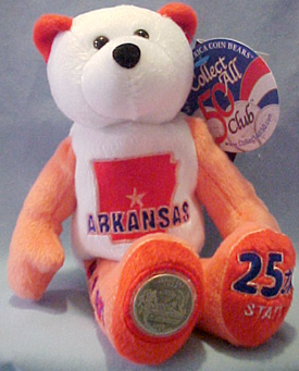 Arkansas State Quarter Teddy Bear Arkansas State Quarter Teddy Bear
- Coin Facts on Tag: "Before Arkansas was admitted into the Union as the 25th state, it was acquired through the Louisiana Purchase. Arkansas is nicknamed 'The Natural State', and the quarter is fittingly designed with the rice stalks, a diamond and a mallard gracefully flying above a lake. In 2001, a statewide quarter design competition was held. The natural resources concept was chosen from 9,320 entries."
- Other information on Tag: State Flower: Apple Blossom; State Bird: Mockingbird; Nickname: The Natural State; Capital: Little Rock; Statehood: June 15, 1836