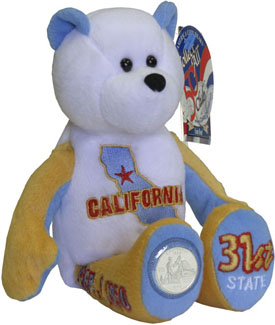 Limited Edition Color California State Quarter Teddy Bear Limited Edition Color California State Quarter Teddy Bear
- Coin Facts on Tag: "This thirty-first quarter was the first to be released in 2005. This quarter depicts naturalist and conservationist John Muir admiring Yosemite Valley's monolithic granite headwall known as Half Dome. California Governor Arnold Schwarzenegger personally suggested the soaring California condor to the coin as an example of an 'amazing comeback.'"
- Other information on Tag: State Flower: Golden Poppy; State Bird: California Valley Quail; Nickname: The Golden State; Capital: Sacramento; Statehood: September 9, 1850