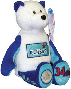 Kansas State Quarter Teddy Bear Kansas State Quarter Teddy Bear
- Coin Facts on Tag: "Kansas was the 34th state to be admitted into the Union. The state's natural symbols of the state animal and flower, the buffalo and sunflower adorn this quarter design. In the mid-19th century, both were abundantly found within the state. In 2004, a statewide vote by high school students recommended this quarter design."
- Other information on Tag: State Flower: Native Sunflower; State Bird: Western Meadowlark; Nickname: Sunflower State; Capital: Topeka; Statehood: January 29, 1861