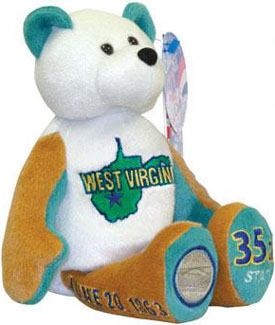 West Virginia State Quarter Teddy Bear West Virginia State Quarter Teddy Bear
- Coin Facts on Tag: "The West Virginia quarter is the fifth and final quarter to be released for 2005. This scenic state was the 35th state admitted into the Union. The New River and New River Gorge Bridge coin captures the state's natural beauty. At 3,030 feet long and 63 feet wide, this bridge is the largest steel span in the U.S. This design was chosen in March 2004."
- Other information on Tag: State Flower: Rhododendron; State Bird: Cardinal; Nickname: Mountain State; Capital: Charleston; Statehood: June 20,1863