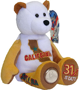 California State Quarter Teddy Bear California State Quarter Teddy Bear
- Coin Facts on Tag: "This thirty-first quarter was the first to be released in 2005. This quarter depicts naturalist and conservationist John Muir admiring Yosemite Valley's monolithic granite headwall known as Half Dome. California Governor Arnold Schwarzenegger personally suggested the soaring California condor to the coin as an example of an 'amazing comeback.'"
- Other information on Tag: State Flower: Golden Poppy; State Bird: California Valley Quail; Nickname: The Golden State; Capital: Sacramento; Statehood: September 9, 1850