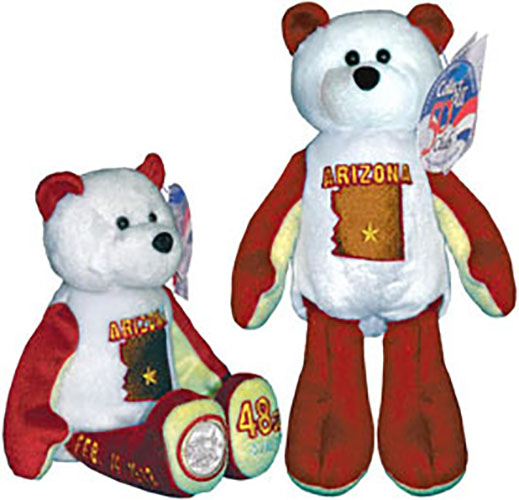 Arizona State Quarter Teddy Bear Arizona State Quarter Teddy Bear
- Coin Facts on Tag: "This coin commemorates the 48th state admitted into the Union, Arizona. Featured on this coin is one of the seven natural wonders of the world, The Grand Canyon. It covers over 1.2 million acres, is 6,000 feet deep at the deepest, and at its widest is 18 miles, Also inscribed on the coin is a banner that reads the state's nickname, 'Grand Canyon State'. In the foreground is a Saguaro cactus. This design was chosen from 1.000 submissions by state residents."
- Other information on Tag: State Flower: Saguaro Blossom; State Bird: Cactus Wren; Nickname: The Grand Canyon State; Capital: Phoenix; Statehood: February 14, 1912