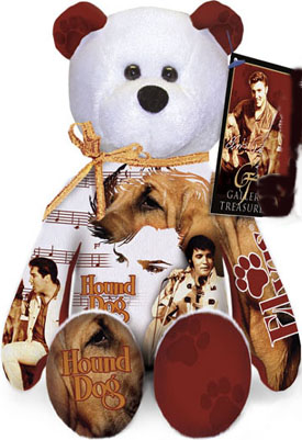 Elvis Presley Hound Dog Teddy Bear Elvis Presley Hound Dog Teddy Bear
- the 12th bear in the series
- In 1956, Elvis appeared on The Milton Berle Show. Among his selections is a playfully sensuous performance of "Hound Dog" that drives the kids in the audience wild. It is one of his most controversial performances. Elvis, with his sexy moves and black-influenced sound, was condemned by certain factions of the "morally concerned" establishment. But, the kids loved it.