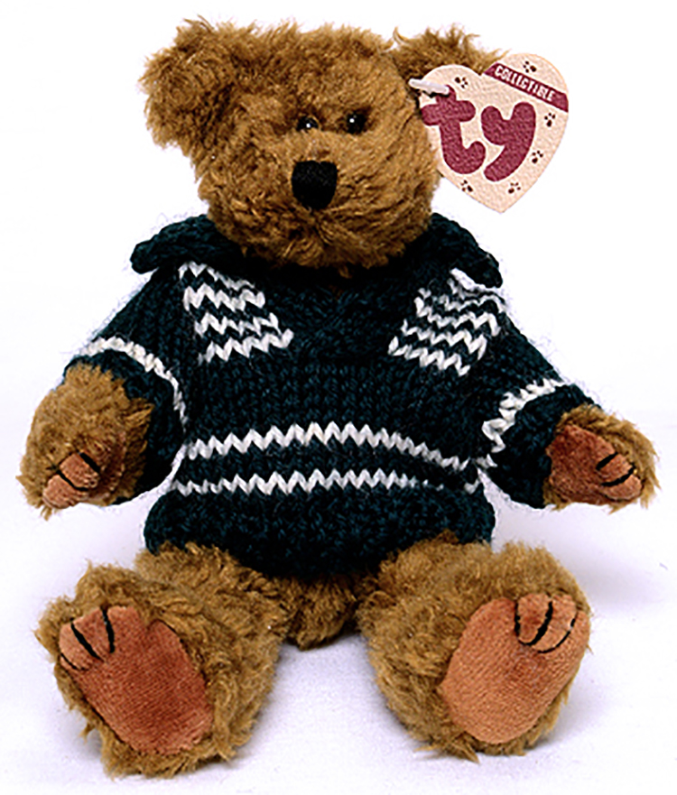 TY Attic Treasures Mason Teddy Bear with Green Sweater TY Attic Treasures Mason Teddy Bear with Green Sweater
- introduced in 1995 and retired on 5/1/98
- Fully jointed plush rust brown teddy bear
- He is wearing a green striped sweater
- Designed by Ruth Fraser