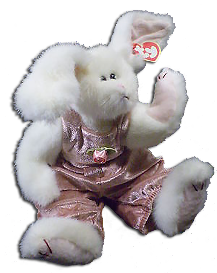 TY Attic Treasure Sara Bunny Rabbit with Velvet Clothes Stuffed Animal TY Attic Treasure Sara Bunny Rabbit with Velvet Clothes Stuffed Animal
- introduced on 1/1/98 and retired on 5/11/99
- Tag reads: "Spring is in the air"
Fully jointed plush white bunny rabbit. She is wearing a shiny peach jumper with a pink satin rosette on the front.