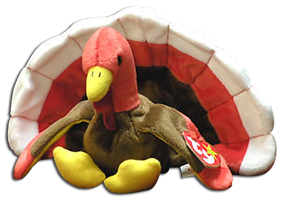 TY Beanie Babies Gobbles the Turkey Stuffed Animal TY Beanie Babies Gobbles the Turkey Stuffed Animal
- DOB 11/27/96
- introduced 10/7/97 retired 3/31/99
- Poem: "Gobbles the turkey loves to
eat, Once a year she has a feast, I have a
secret I'd like to divulge, If she eats too
much her tummy will bulge!"