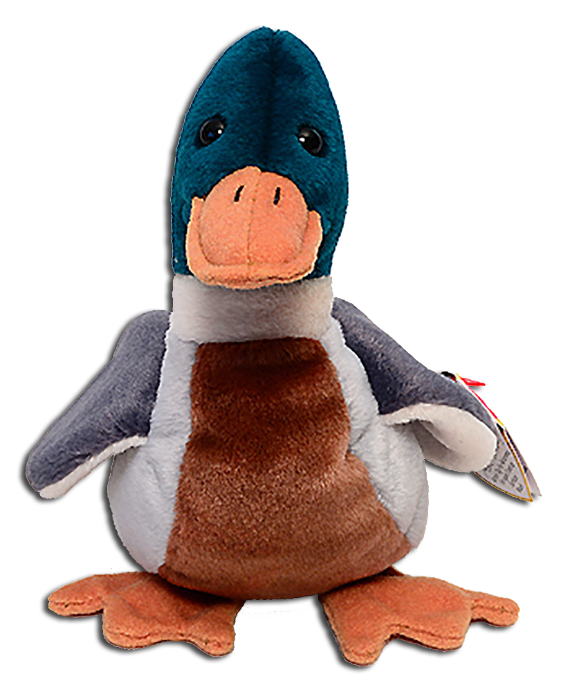 TY Beanie Babies Jake the Mallard Duck Stuffed Animal TY Beanie Babies Jake the Mallard Duck Stuffed Animal
- DOB 4/16/97
- introduced 5/30/98 retired 12/23/99
- Poem: "Jake the drake likes to splash in
a puddle, Take him home and give him
a cuddle, Quack, Quack, Quack, he will
say, He's so glad you're here to play!"