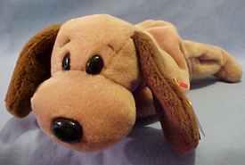 TY Beanie Babies Bones the Dog Stuffed Animal TY Beanie Babies Bones the Dog Stuffed Animal
- Introduced 6/25/94 retired 5/1/98
- DOB 1/18/94
- Poem: "Bones is a dog that loves to chew, Chairs and tables and a smelly old shoe, You're so destructive all would shout, But that all stopped, when his teeth fell out!"