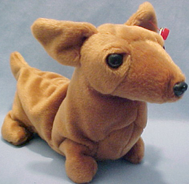 TY Beanie Babies Weenie the Dachshund Stuffed Animal TY Beanie Babies Weenie the Dachshund Stuffed Animal
- Introduced 1/7/96 retired 5/1/98
- DOB 7/20/95
- Poem: "Weenie the dog is quite a sight, Long of body and short of height, He perches himself high on a log, and considers himself to be top dog!"