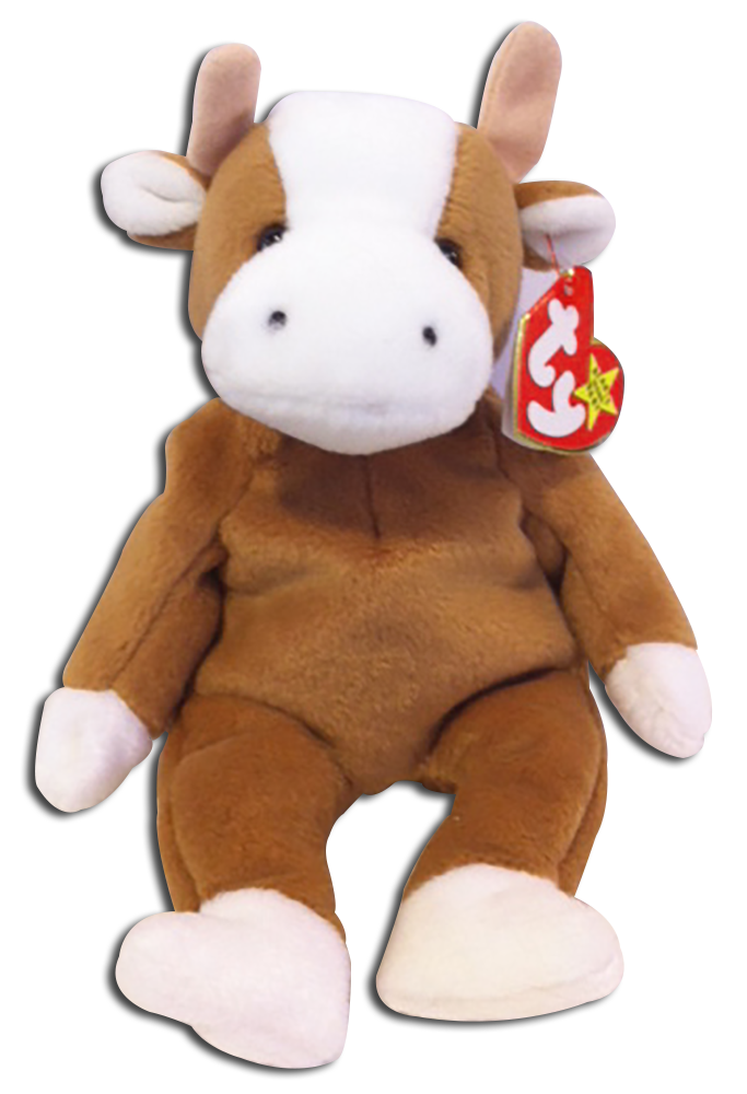 TY Beanie Babies Bessie the Brown and White Cow Stuffed Animal TY Beanie Babies Bessie the Brown and White Cow Stuffed Animal
- DOB 6/27/95
- introduced 6/3/95 retired 10/1/97
- Poem: "Bessie the cow likes to dance
and sing, Because music is her favorite
thing, Every night when you are
counting sheep, She'll sing you a song to
help you sleep!"