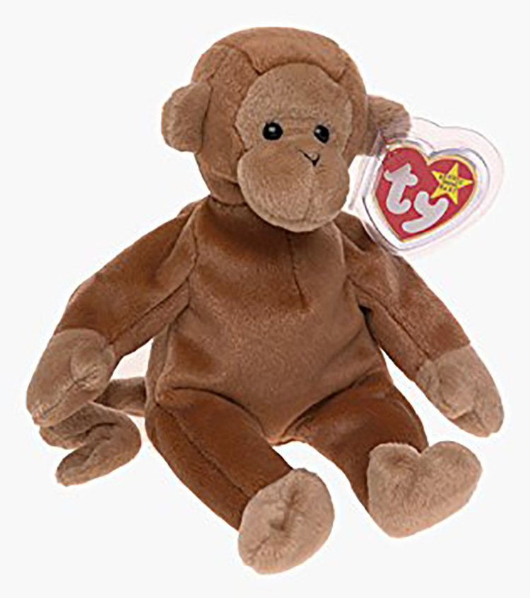 TY Beanie Babies Bongo the Monkey Stuffed Animal TY Beanie Babies Bongo the Monkey Stuffed Animal
- Introduced 8/17/95 retired 2/6/97
- DOB 8/17/95
- Poem: "Bongo the monkey lives in a tree, The happiest monkey you'll ever see, In his spare time he plays the guitar, One of these days he will be a big star!"
