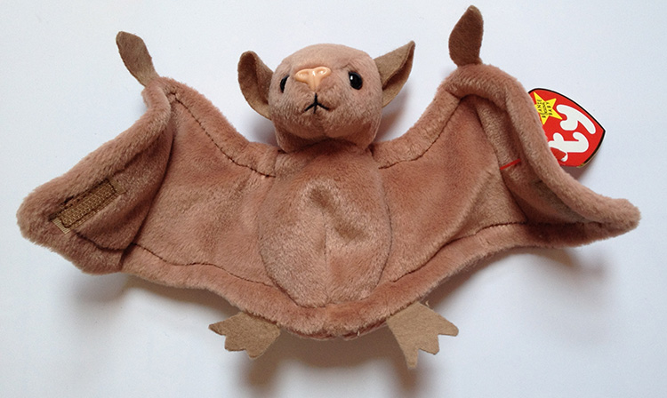 TY Beanie Babies Batty the Brown Bat Stuffed Animal TY Beanie Babies Batty the Brown Bat Stuffed Animal
- Introduced 10/7/97 retired 3/31/99
- DOB 10/29/96
- Poem: "Bats may make some people jitter, People don't be scared of this critter, If you're lonely or have nothing to do, This Beanie Baby would love to hug you!"