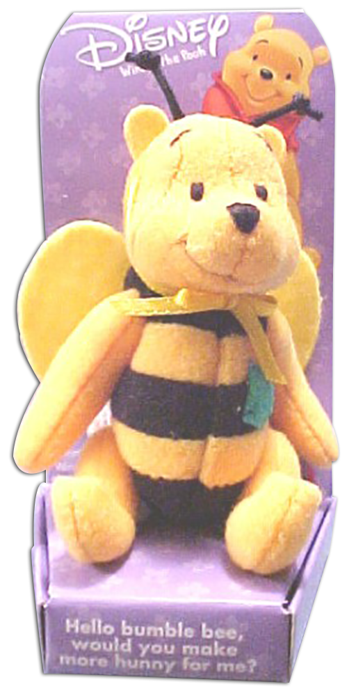 Winnie the Pooh is a jointed stuffed bear and dressed up as ladybugs, grasshoppers, butterflies and bumble bees.